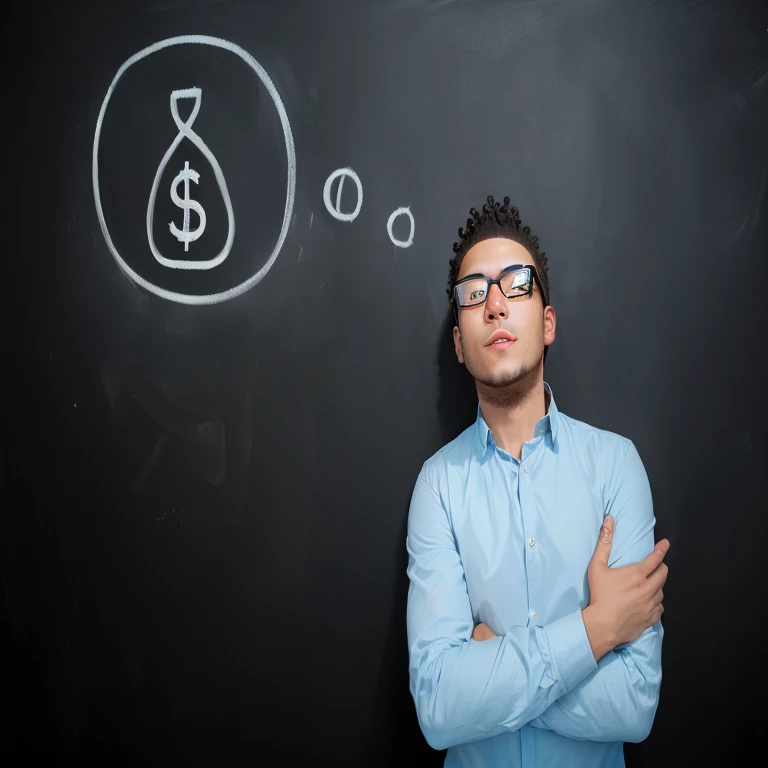 puffy man with glasses in front of a blackboard with a dollar sign and a dollar sign drawn on it, extremely high budget, a person standing in front of a, typical cryptocurrency nerd, Perception of value, selling insurance, high budget, Portrait photo, high quality stock picture, istockphoto, foto legal de marketing, asking for change, on a dark background