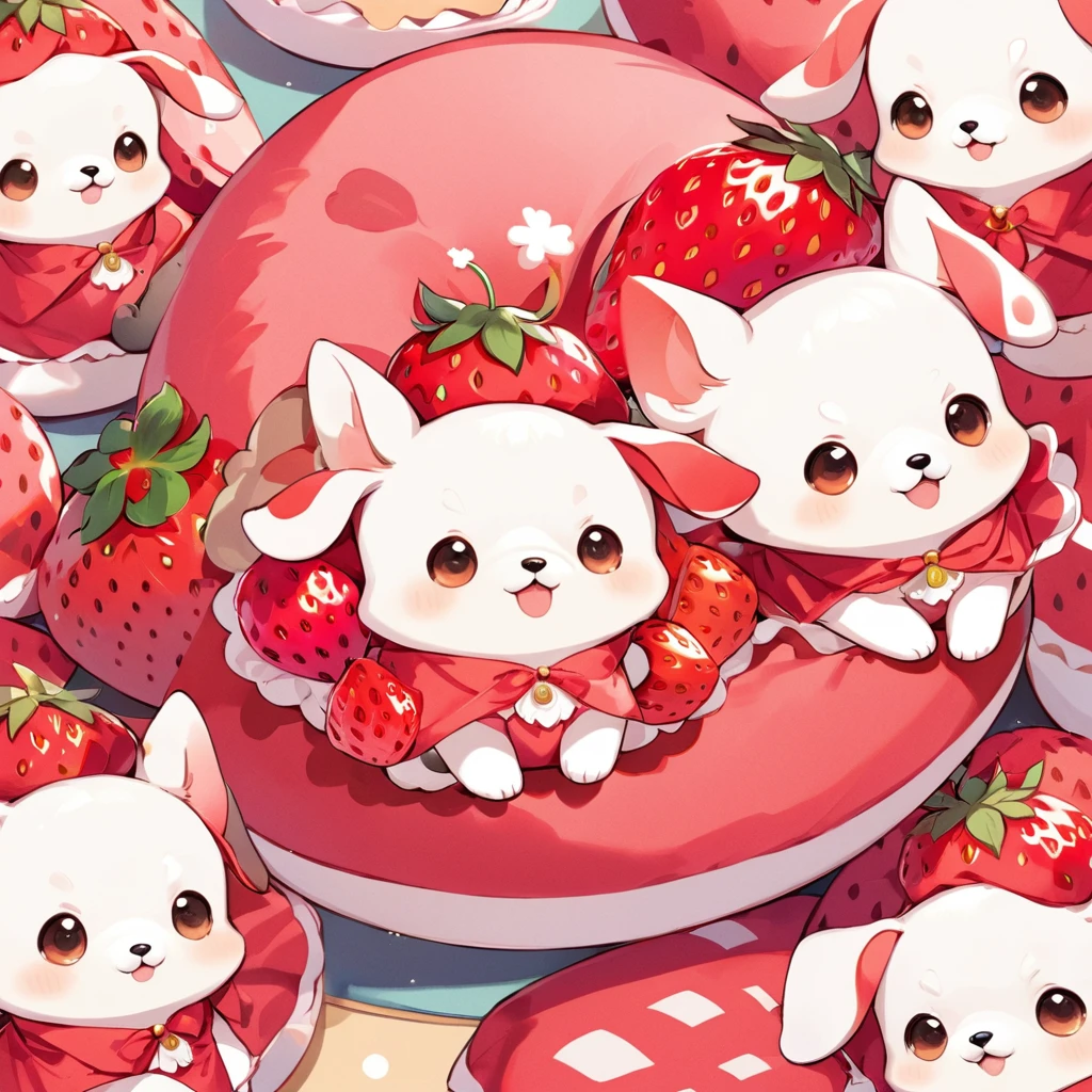 (Highest quality,Extremely detailed depiction,Incredible high resolution),Cute Puppy,Circle々Fat puppy,Deformed Character,Strawberry Costume,Big strawberry cushion