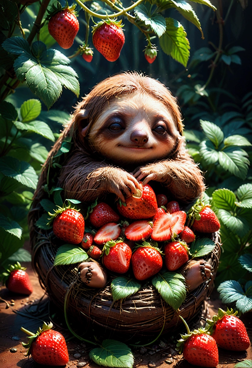 strawberry, detailed photograph of an adorable baby sloth sleeping on a red strawberry, by Ismail Inceoglu Huang Guangjian ZBrush, pixar, studio ghibli, masterpiece, best quality, very aesthetic, absurdres