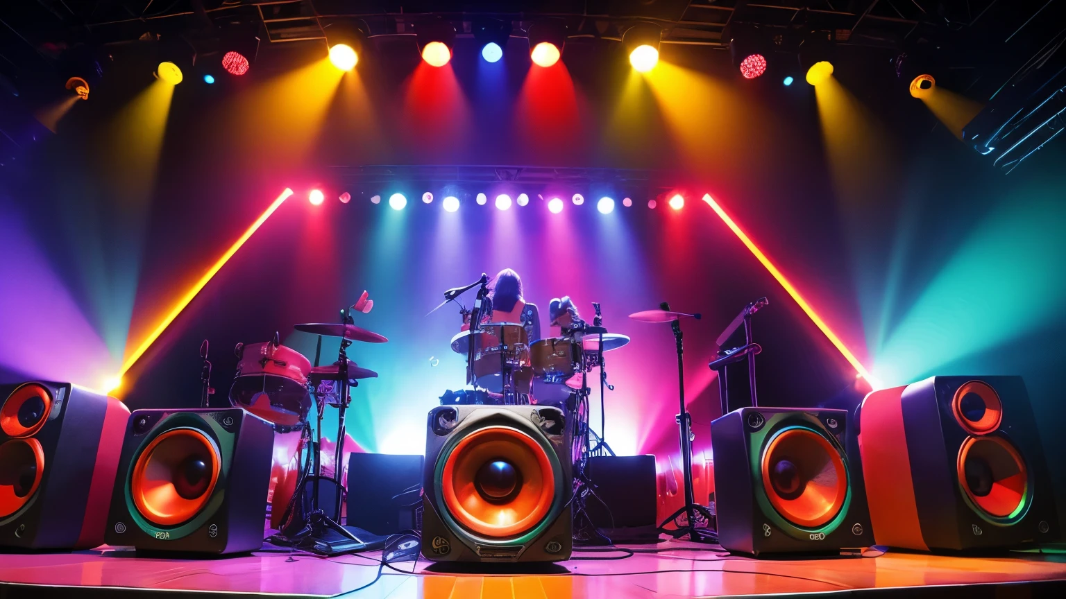 "Vibrant 70s stage with a band of robots playing funky rock, surrounded by large speakers and psychedelic colored lights. Robots have a retro look, matching the environment."
