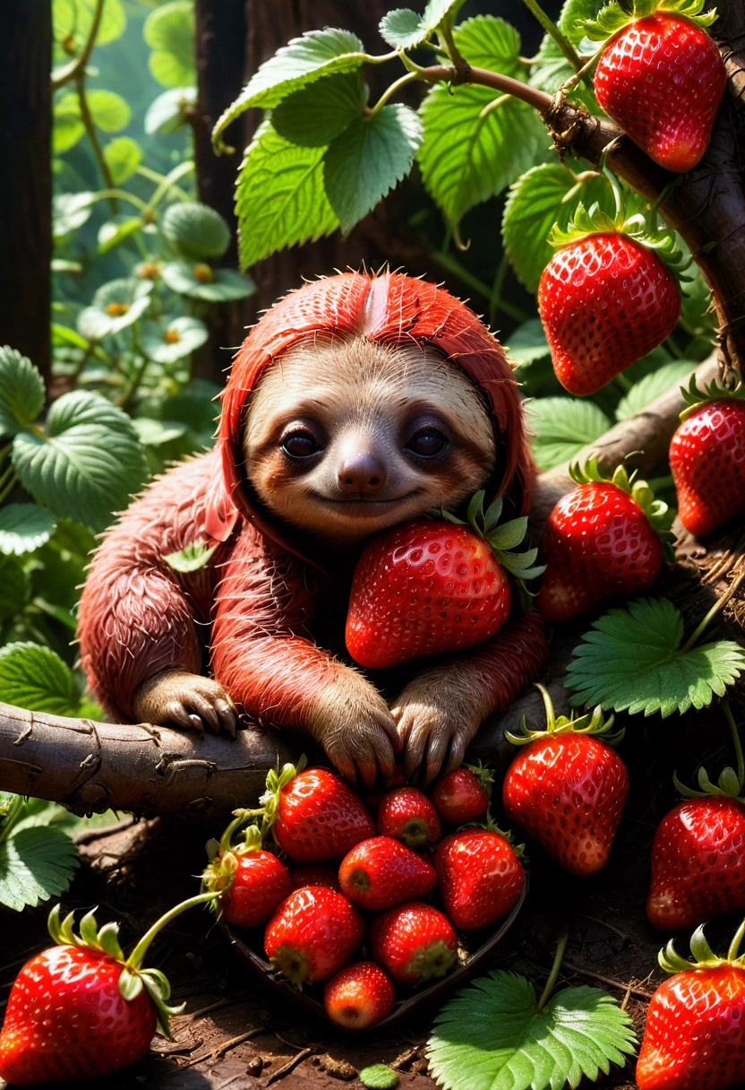 strawberry, detailed photograph of an adorable  sloth sleeping on a red strawberry, by Ismail Inceoglu Huang Guangjian ZBrush, pixar, studio ghibli, masterpiece, best quality, very aesthetic, absurdres