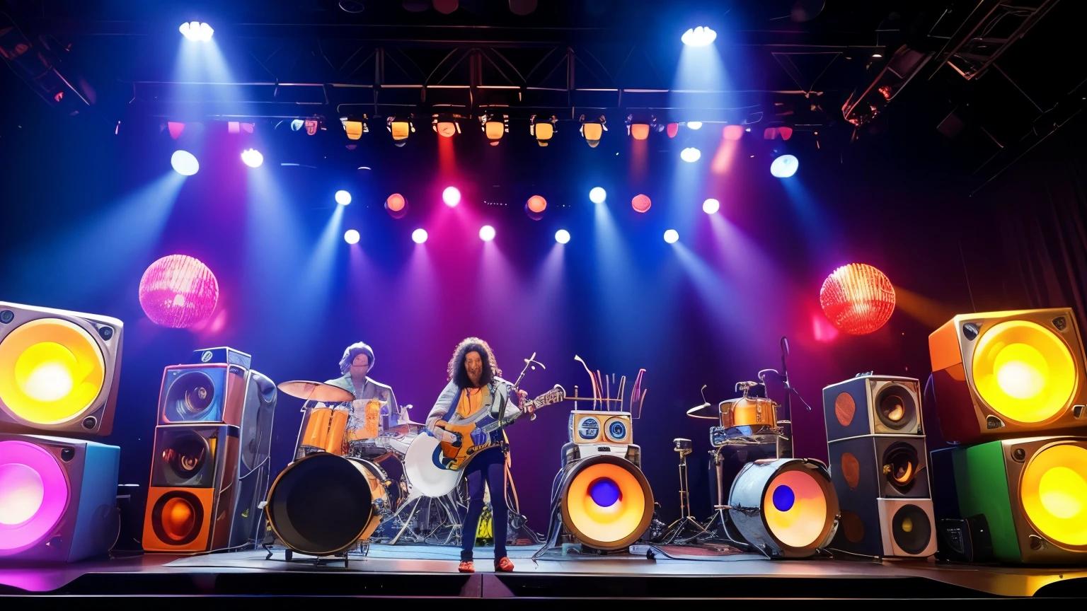 "Vibrant 70s stage with a band of robots playing funky rock, surrounded by large speakers and psychedelic colored lights. The robots have a METALIC STYLE MECHANIC ROBTS look, matching the environment."