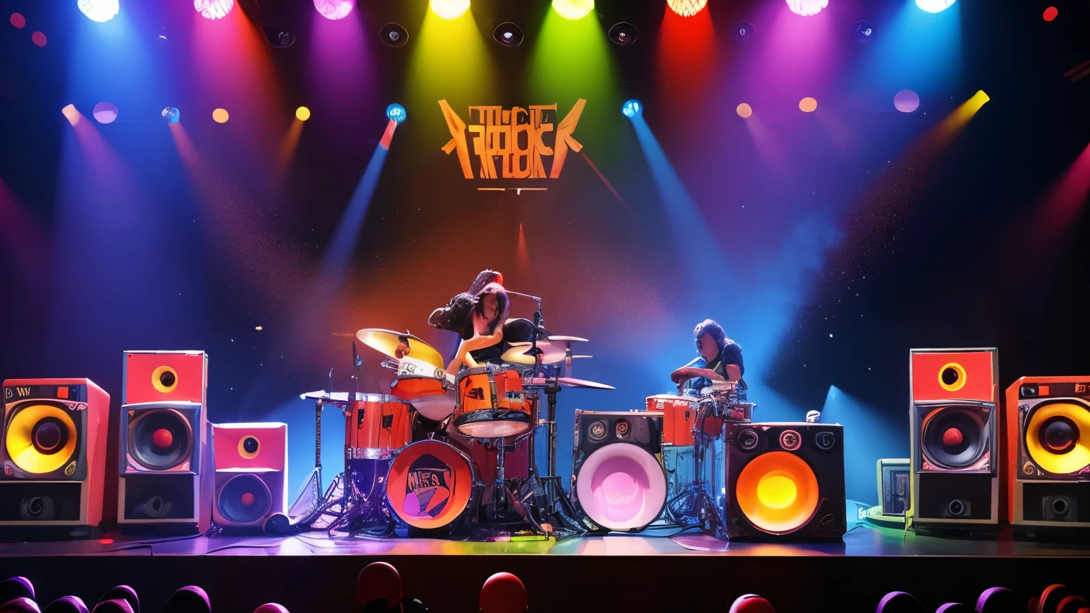 "Vibrant 70s stage with a band of robots playing funky rock, surrounded by large speakers and psychedelic colored lights. The robots have a METALIC STYLE MECHANIC ROBTS look, matching the environment."