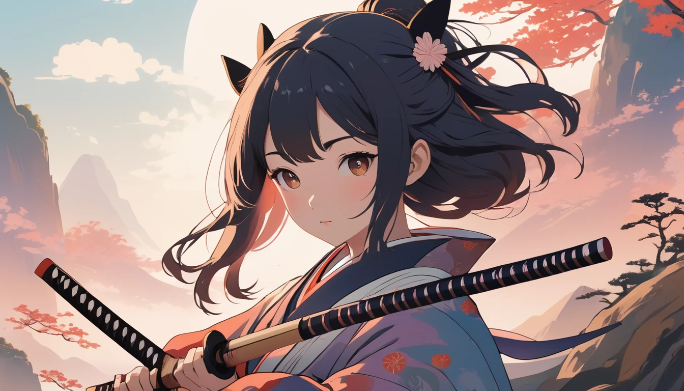 Shamisen、Female samurai, Wide-angle lens, Lofi Anime, Lofi illustration, Aesthetic atmosphere, Lo-Fi Style, Vector art, Flat Design, Simple shape, Warm tones, Pleasant atmosphere, Chill, In anime style, Digital drawing, Vector art, Vector logo for t-shirt printing, (Adorable:1.5), (small:1.4), (Playful:1.2), (soft:1.3), (Whimsical:1.1), masterpiece, Highest quality, 8k, Intricate details, grow, Celestial, Mysterious, Picturesque, amazing, Majestic, Magic, Fantasy art, Cover art, dream-like