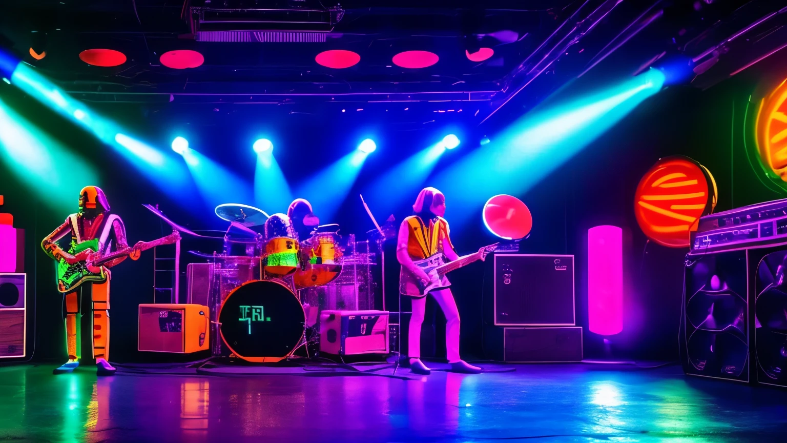 "Band of robots performing funky rock on a 70s stage, with classic amplifiers, neon lights and a psychedelic background. The robots have retro and technological details, representing the fusion of past and future."