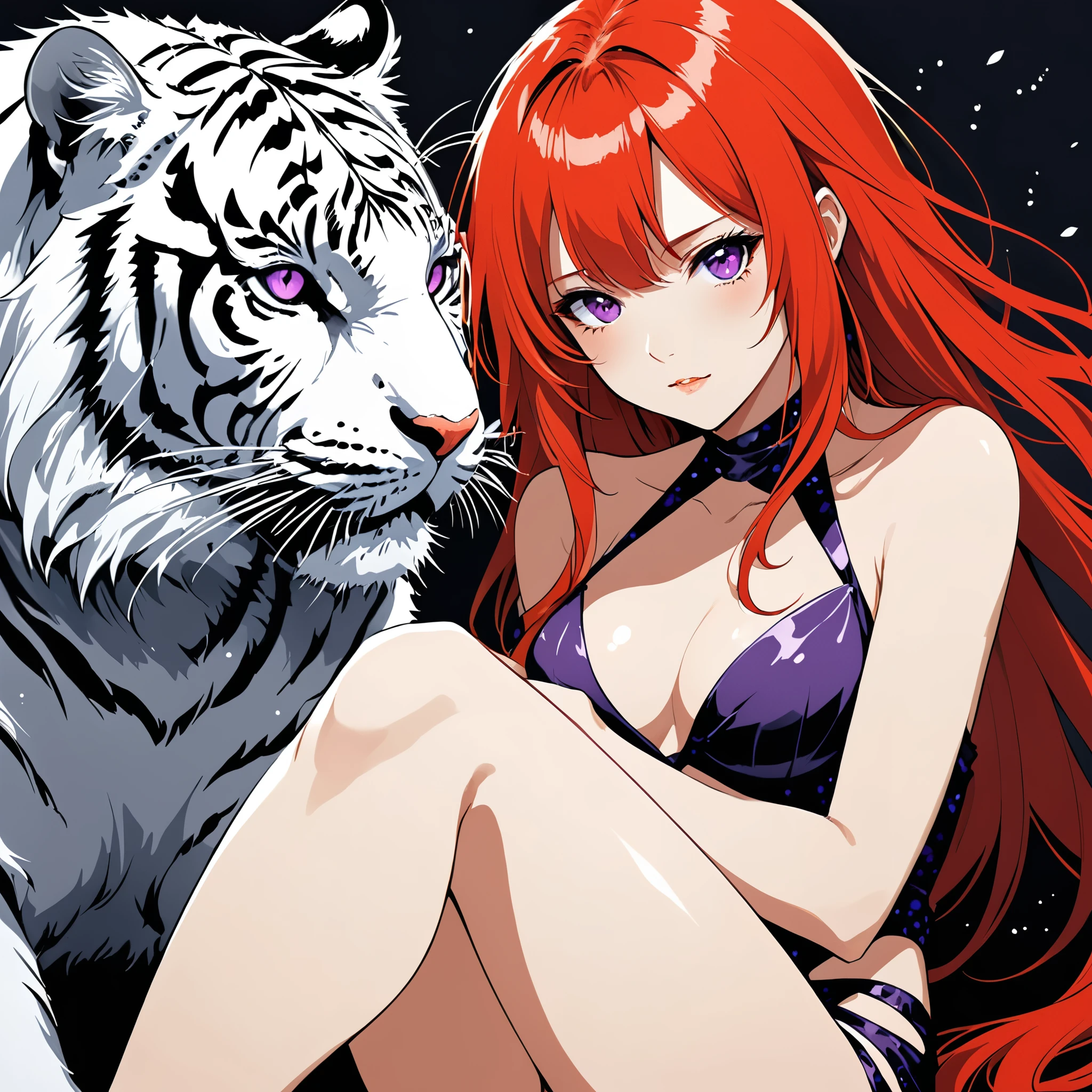 in style of Hans Hartung,in style of Heinrich Lefler,in style of Barbara Takenaga-【Special dot pattern】-,in style of Aleksi Briclot
1 girl,character concept design,devil girl,incredibly long red hair,purple eyes,sitting posture,hands supporting the body,1 a huge white tiger behind,the tiger's face on the girl's shoulder
BREAK
gravure_pose,top view,leaning,lend 1 legs,1 hand on the lower jaw