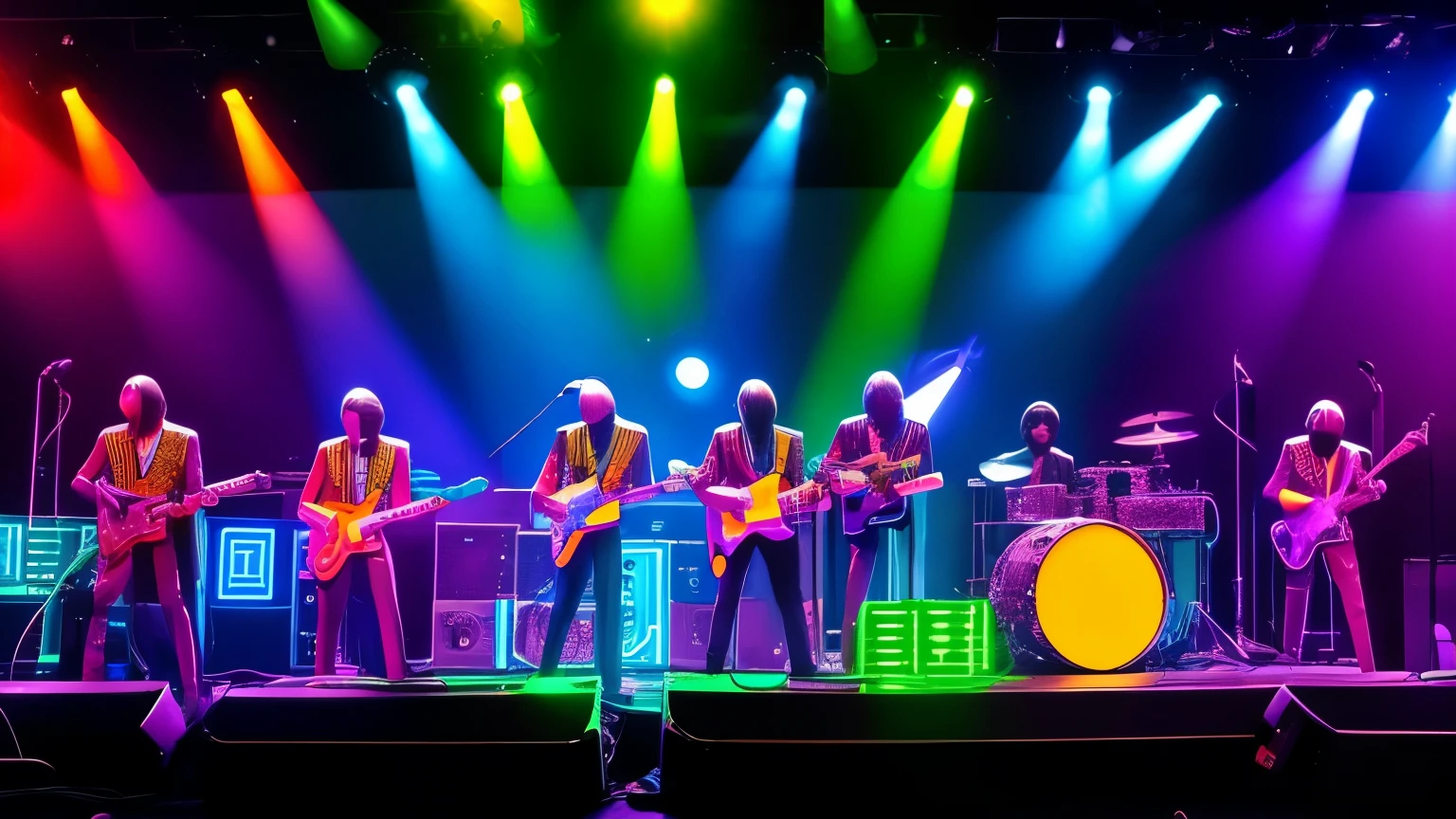 "Band of robots performing funky rock on a 70s stage, with classic amplifiers, neon lights and a psychedelic background. The robots have retro and technological details, representing the fusion of past and future."