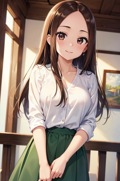 Takagi-san、Shiny brown hair, Straight Long Hair,((Medium chest、Forehead、Center part))、 Beautiful brown eyes、smile、Sparkling eyes, (fine grain)、Very fine eye、Highly detailed face, Highly detailed eyes, Cowboy Shot、


(masterpiece:1.2, Highest quality, Ultra-high resolution, Super detailed),, 

(masterpiece、Highest quality、Highest quality、Official Art、Beautiful and beautiful:1.2)、(One Girl:1.3),Beautiful breasts,Highest quality, masterpiece, 
, Green Skirt, white shirt, white, smile,