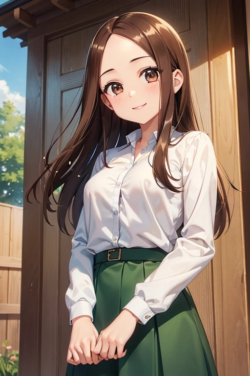 Takagi-san、Shiny brown hair, Straight Long Hair,((Medium chest、Forehead、Center part))、 Beautiful brown eyes、smile、Sparkling eyes, (fine grain)、Very fine eye、Highly detailed face, Highly detailed eyes, Cowboy Shot、


(masterpiece:1.2, Highest quality, Ultra-high resolution, Super detailed),, 

(masterpiece、Highest quality、Highest quality、Official Art、Beautiful and beautiful:1.2)、(One Girl:1.3),Beautiful breasts,Highest quality, masterpiece, 
, Green Skirt, white shirt, white, smile,