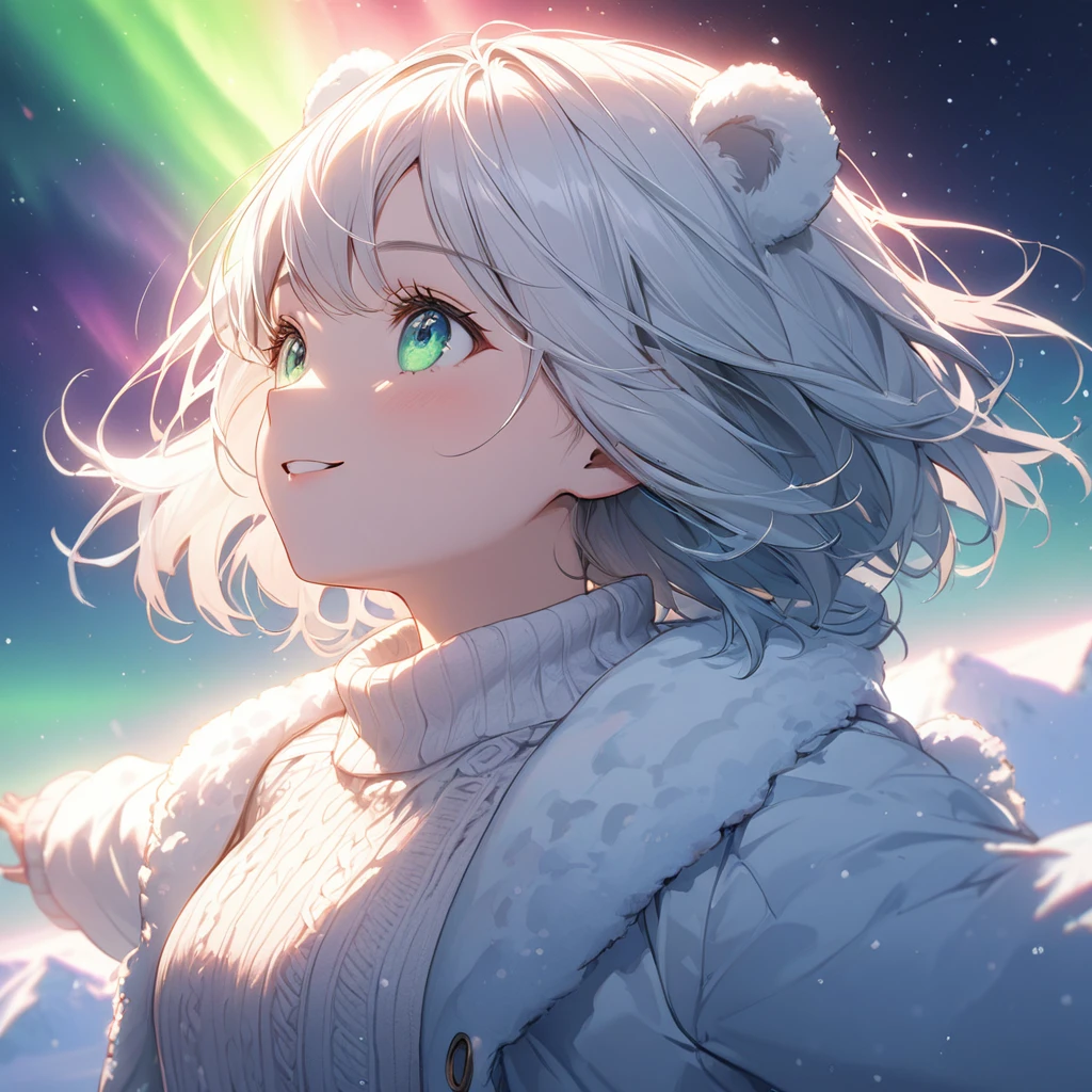 1 girl,amazing quality, aesthetic, aesthetic,ultra-detailed face,detailed eyes,,emerald eyes,gradient eyes,lash extension, white hair,short hair,white bear ears,Sweater, skirt,white shearling coat,Looking up,Emotional,Upper body,Opening arms to the side of the body,Aurora in Polar Regions,smile,pink rimlight,masterpiece,8K,top quality, highly detailed illustration, incredibly delicate and beautiful