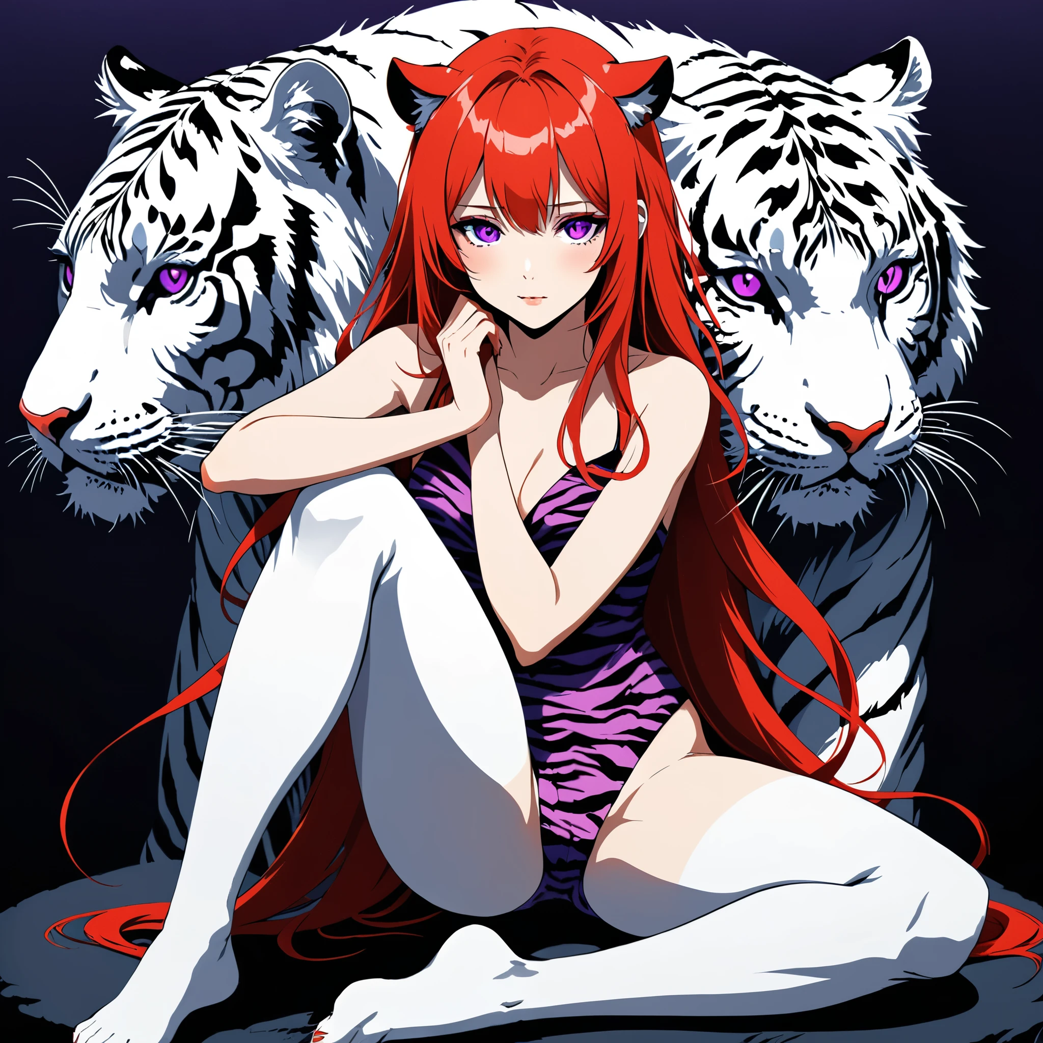 in style of Hans Hartung,in style of Heinrich Lefler,in style of Barbara Takenaga-【Special dot pattern】-,in style of Aleksi Briclot
1 girl,character concept design,devil girl,incredibly long red hair,purple eyes,sitting posture,hands supporting the body,1 a huge white tiger behind,the tiger's face on the girl's shoulder
BREAK
gravure_pose,top view,leaning,lend 1 legs,1 hand on the lower jaw