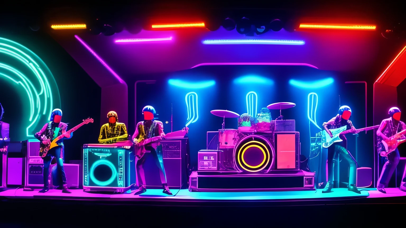 "Band of robots performing funky rock on a 70s stage, with classic amplifiers, neon lights and a psychedelic background. The robots have retro and technological details, representing the fusion of past and future."