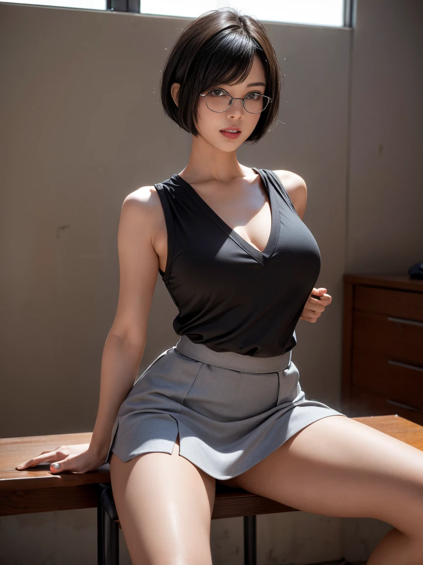 8k, RAW Photos, Highest quality, masterpiece, Realistic, Realistic, (1 Ultimate beauty), Mature Woman,(Strictly adhere to a composition where only one person appears in the photo)、(In the conference room)(Wear rimless glasses)((He is wearing a white sleeveless shirt with a large opening))((Wear a grey flared mini skirt))(Married women) Highly detailed face, (Perfect Teeth), fine grain, double eyelid, eyelash, Lip details, (((Black short bob hair))), (((Very large breasts)))Big Breasts,((Increase nipple protrusion))(((Sitting at a desk、She spreads her legs to emphasize her crotch)))(((She holds her knees and spreads her legs wide)))(((Spread your legs in an M shape)))(((Emphasize the bite of the crotch)))Cowboy Shot,  Soft Light, ((Written boundary depth)) 
Proceed with caution，((30 years old, Japanese women)), (((moderately fleshy body, Tight waist))), (((Front view, Realistic buttocks,))Front view