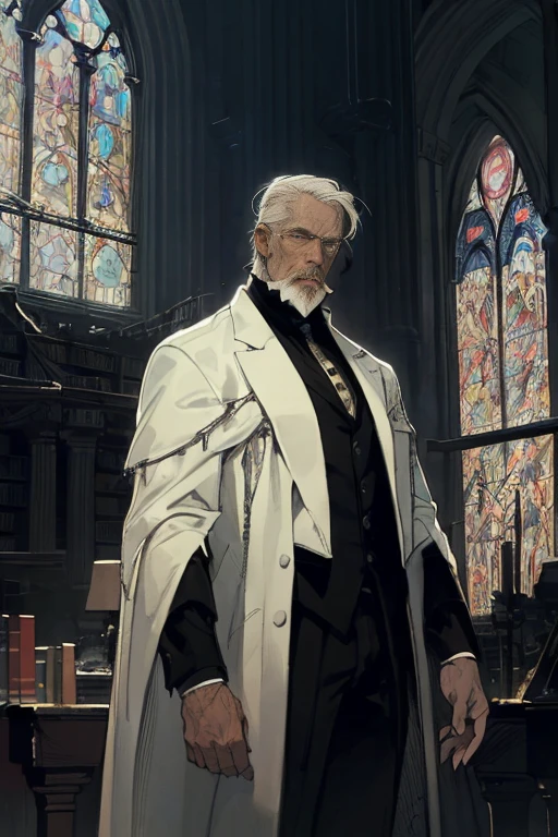 (masterpiece), (best quality), comic,  absurdres, rugged male, combed white hair, white beard, in a sophisticated (all black suit), with a tired expression, somber expression, standing in front of large stained glass, (stained glass in a library), smooth lines, dark lighting, gritty, SCI-FI, futuristic,
