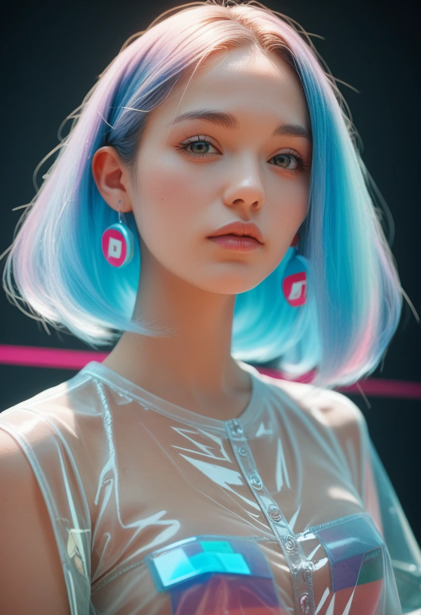 Transparent PVC clothing,Transparent colored vinyl garment,prismastic,holographic,Chromatic Aberration,Fashion Illustration,masterpiece,Harajuku fashion girls,Looking at the audience,8K,Extremely detailed,pixiv