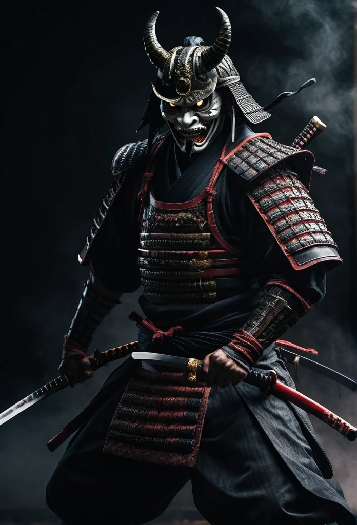 high quality, 8k, hyper detailed, photorealistic, intricate details, dark moody atmosphere, traditional japanese samurai in demonic mask, katana sword, full body pose, ready for battle, dark mist surrounding, realistic, cinematic lighting, dramatic shadows, intense expression, powerful presence, evil, georgeus, full body