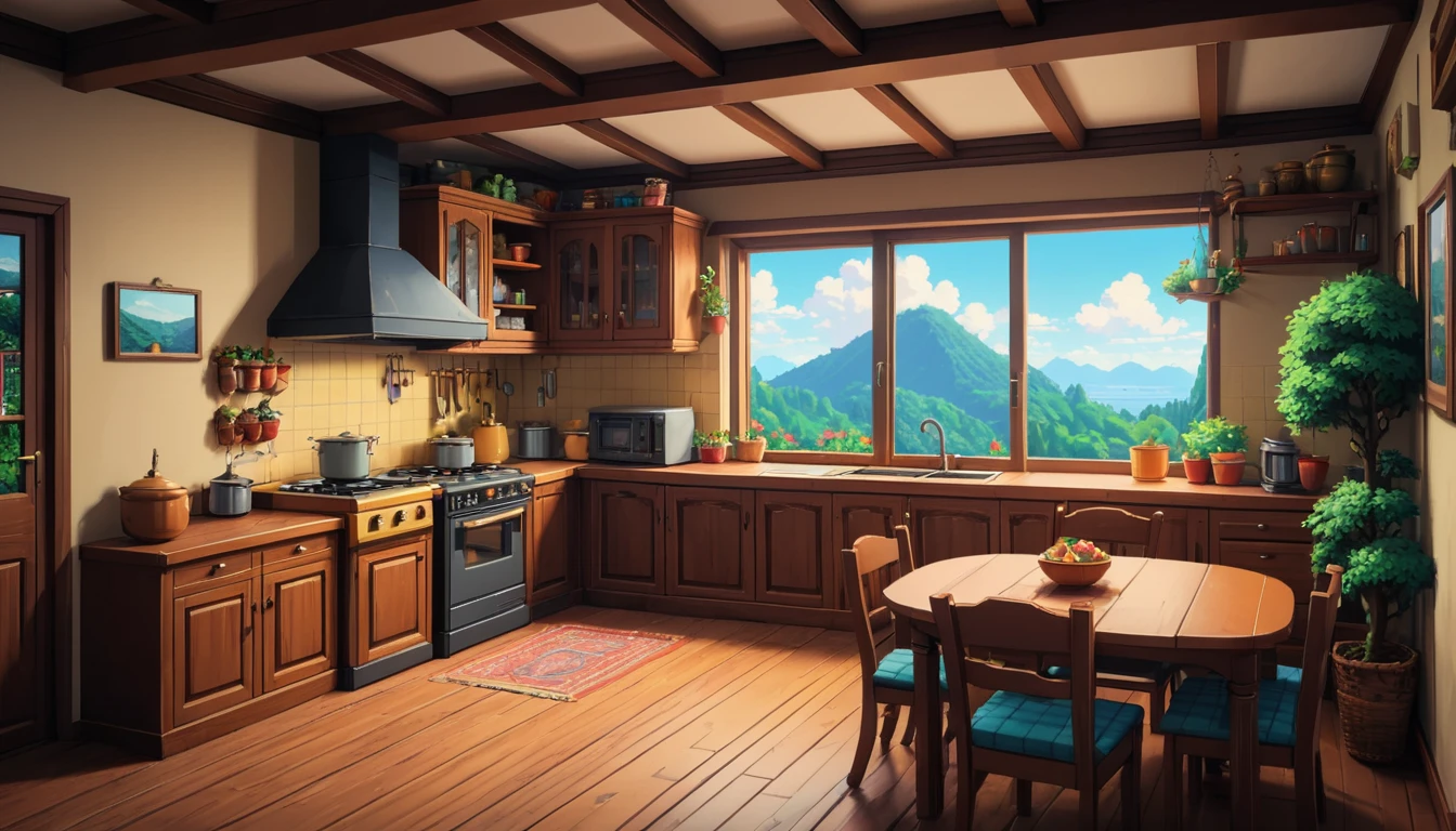 beautiful interior house, Pixel art. Ghibli style, beautiful anime, colorful, nostalgic, exuberant, pixel art, minimalist drawing style, sofa, kitchen, tv, dining table