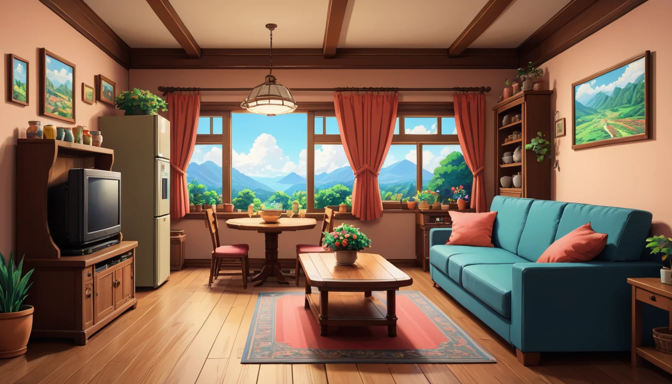 beautiful interior house, Pixel art. Ghibli style, beautiful anime, colorful, nostalgic, exuberant, pixel art, minimalist drawing style, sofa, kitchen, tv, dining table