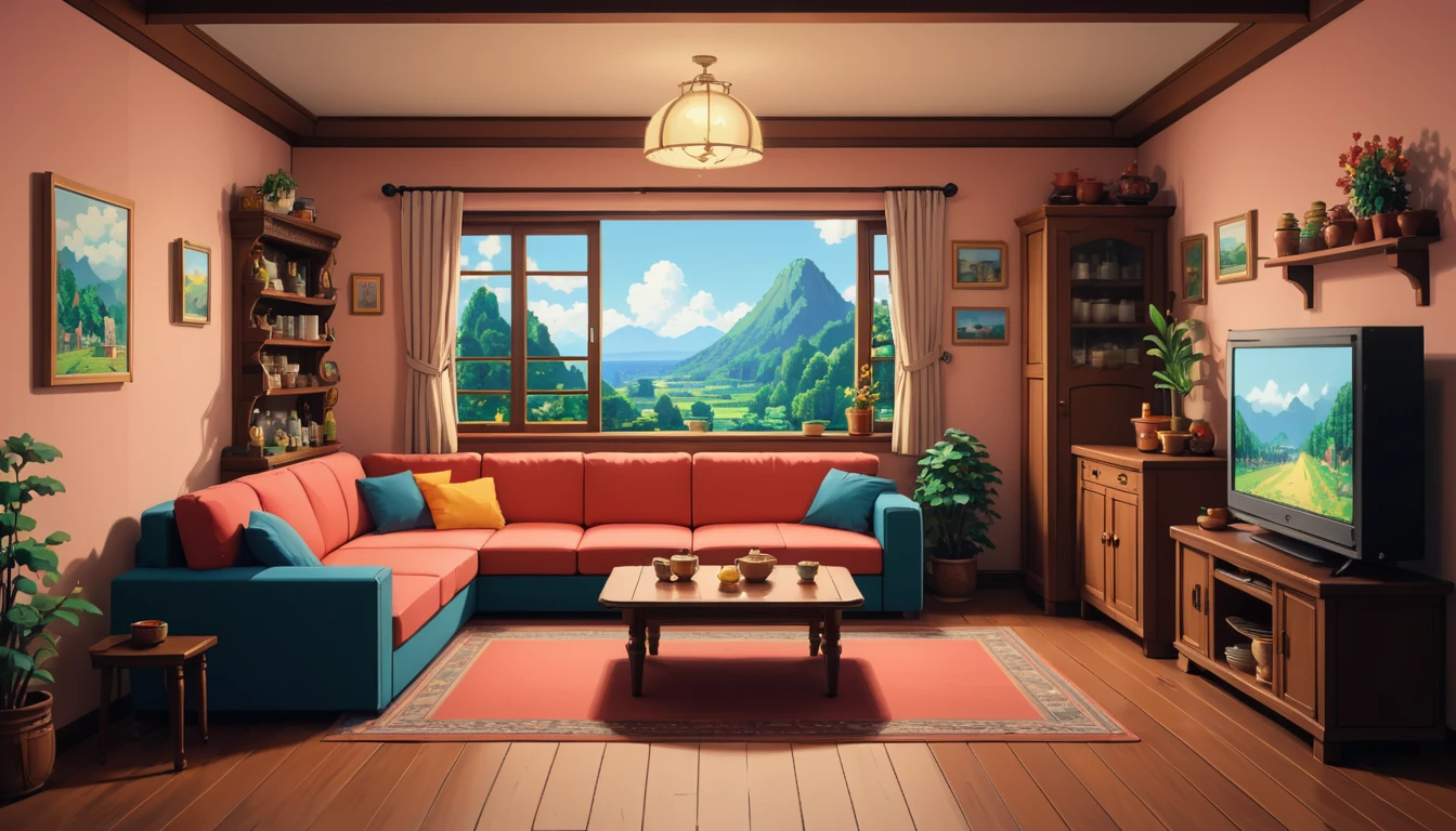 beautiful interior house, Pixel art. Ghibli style, beautiful anime, colorful, nostalgic, exuberant, pixel art, minimalist drawing style, sofa, kitchen, tv, dining table