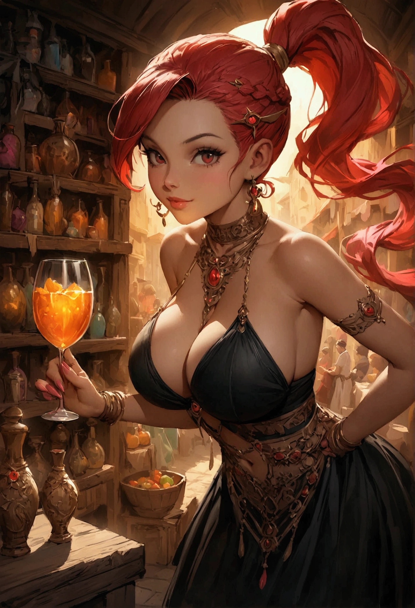By Alan Paterson inspired girl big tits Arlequina + Sarada delicada atrevida Elvgrin, and Jorge Jimenez. Portrait front view of a girl standing in a mystical marketplace, with red neon hair in a flowing ponytail, in a dynamic pose, she is holding a glass of bubbling potion out to the viewer, in the background are busy vendors, and magical light and smoke from the various market stalls. trending on artstation, sharp focus, studio photo, intricate details, highly detailed,