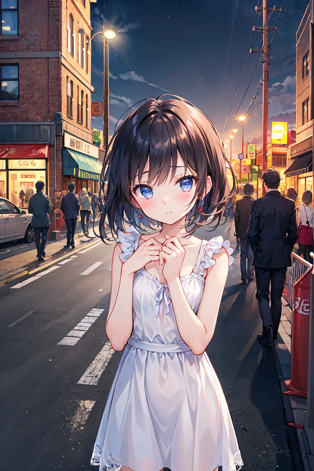 Multiple people in love々、Couple、men and women，Urban cityscape，Night view，((Highest quality)), (Very detailed), (High-definition CG synthesis 8k wallpaper), 高いly detailed,  高い-definition raw colbor photos, Professional photography,  Written boundary depth,Small breasts，Flat chest，White dress