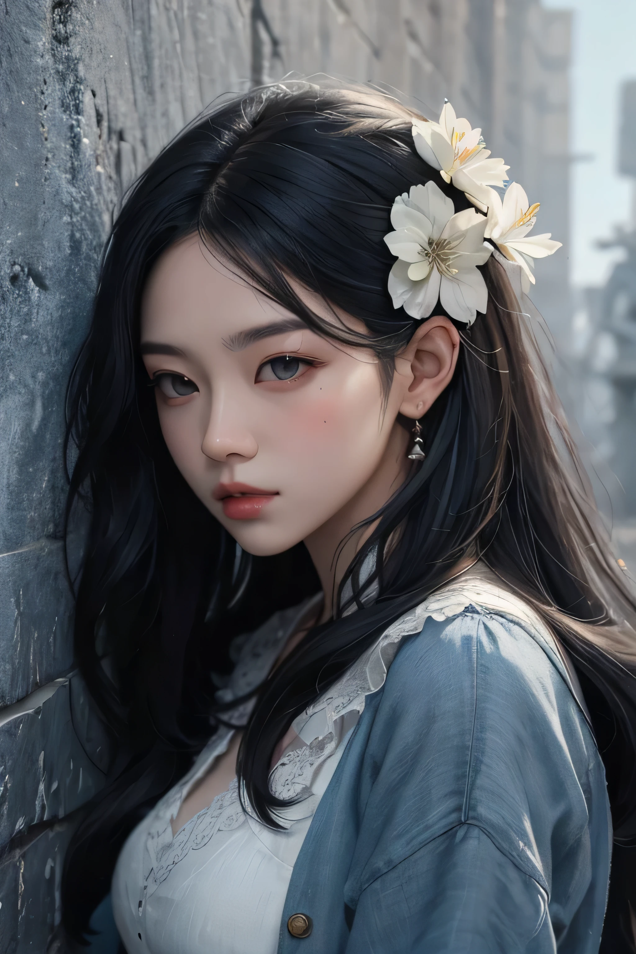 (oil:1.5), \\ A woman with long black hair and white flowers in her hair lies against a wall in a smoky blue flower field。, (Amy Sol:0.248), (Stanley Artjam Lau:0.106), (Detailed painting:0.353), (Gothic art:0.106),