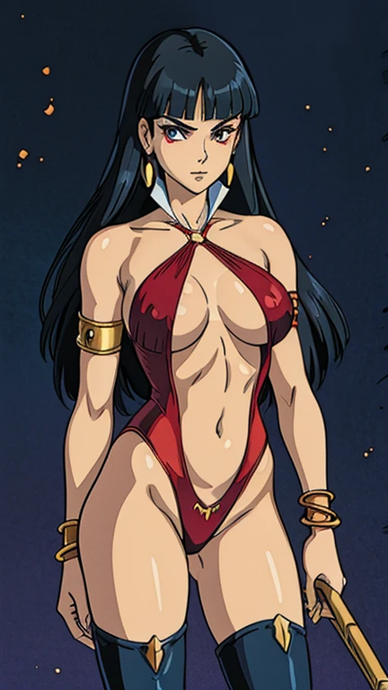 (1girl, Vampirella), (extremely detailed CG unit 8k wallpaper),(master part), (best quality), (ultra detail), (best illustration),(ghibli style), cowboy shot, (Sharp eyeliner, ombre, detailed eyes:1), midnight, dark victorian background, ,break , (GHIBLI_Background), bangle, armlet, boots,blunt bangs, black hair, long hair, slingshot swimsuit, criss-cross halter, earrings, eyeshadow, popped collar,