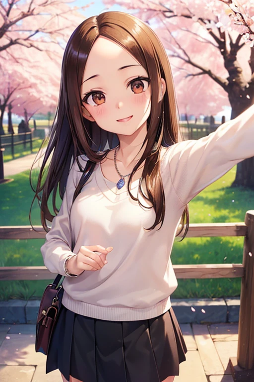 Takagi-san、Shiny brown hair, Straight Long Hair,((Medium chest、Forehead、Center part))、 Beautiful brown eyes、smile、Sparkling eyes, (fine grain)、Very fine eye、非常にDetailed face, Highly detailed eyes, Cowboy Shot、


(masterpiece:1.2, Highest quality, Ultra-high resolution, Super detailed),, 

One Girl, single, alone, Beautiful Anime Girls, Beautiful art style, Anime characters, 
((Detailed face, blush:1.2)), ((Smooth texture:0.75, Realistic texture:0.65, Realistic:1.1, Anime CG style)), 
 Dynamic Angle, Perfect body, ((throw, Selfie pose, Portraiture)), ((White sweater, Long sleeve, Black Skirt, Checked skirt, Fashionable, 1 handbag, 1 diamond necklace)), smile, Open your mouth, amusement park, ((Cherry tree, Cherry blossoms fall))