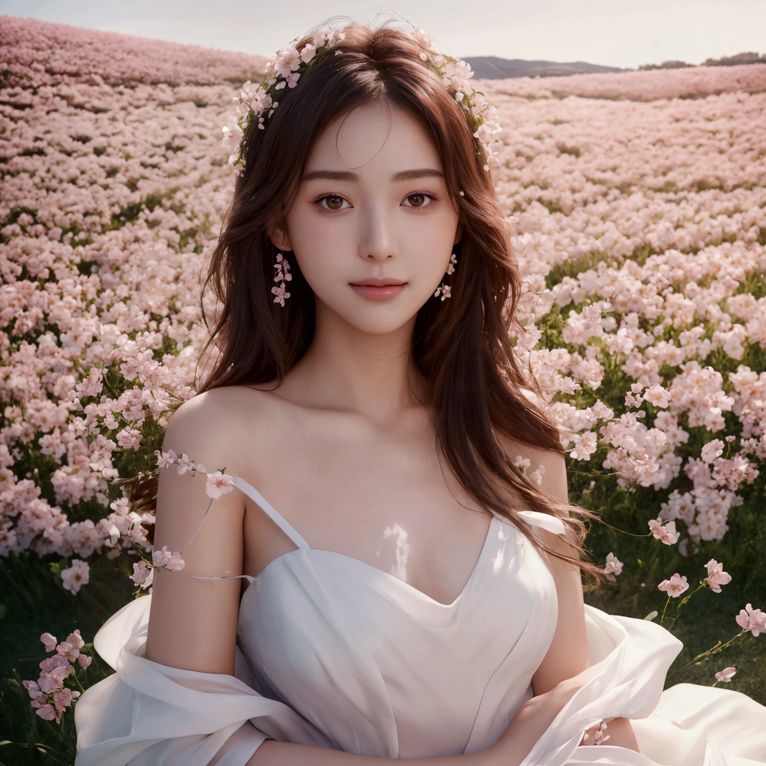 Best quality, masterpiece, ultra high resolution (photorealistic: 1.4), raw photo, 1 girl, white dress, bare shoulders, field of pink flowers in bloom, glowing skin, slight smile