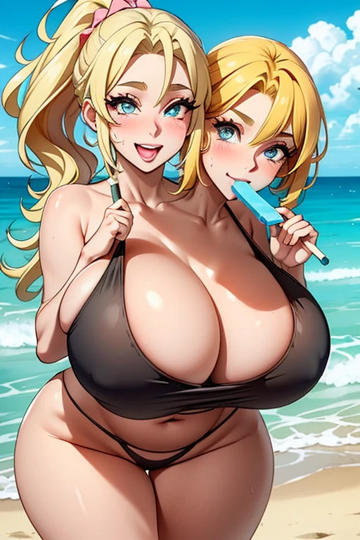2heads, an overweight woman with 2 heads. She is outside at the beach. She is naked, nude. She has blonde hair in a ponytail. Deep cleavage. She looks young. She is blushing. Wearing sunglasses. Sucking on a Popsicle. Popsicle melting dripping on breasts, covered in melted Popsicle. Popsicle juice dripping on breasts. She looks seductive and lustful. She has gigantic breasts. She is tall. Young, gorgeous face. Hard nipples. Happy, smiling.