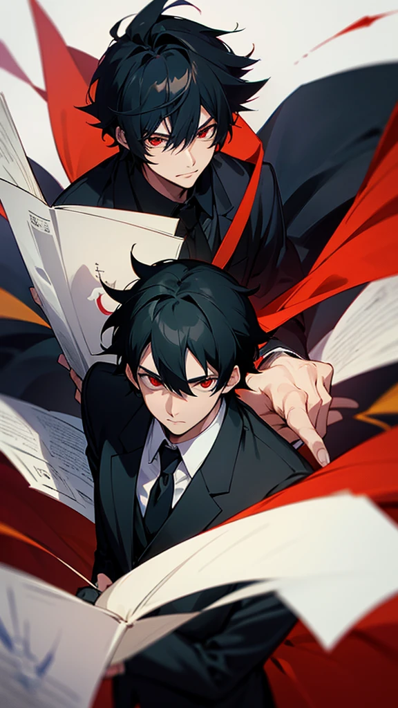 Anime adult man with black hair, red eyes, reads the document, who holds in his hands
