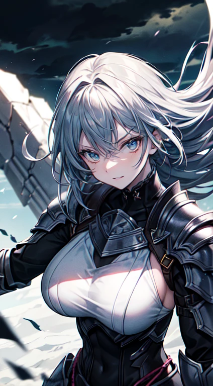 Creepy smile a battle-hardened woman in dark armor, her wild hair flowing in the air, stands defiantly in a night scene shrouded in intense shadows and stormy clouds. She wields an ancient sword, its blade glimmering in the soft glow of the moonlight. Her eyes are piercing and luminous, her expression a ferocious mix of determination and fierce intensity. Sparks of energy surround her as she prepares to strike, her body tense and poised for action. Dramatic lighting accentuates the sharp details of her face, her beautiful eyes and lips, as well as the intricate designs of her armor. A sense of motion and power radiates from her stance, hinting at her martial arts-inspired fighting style and heroic spirit. The blurred background adds to the mysterious aura, drawing the viewer's focus to this striking female warrior in the midst of an epic battle scene.