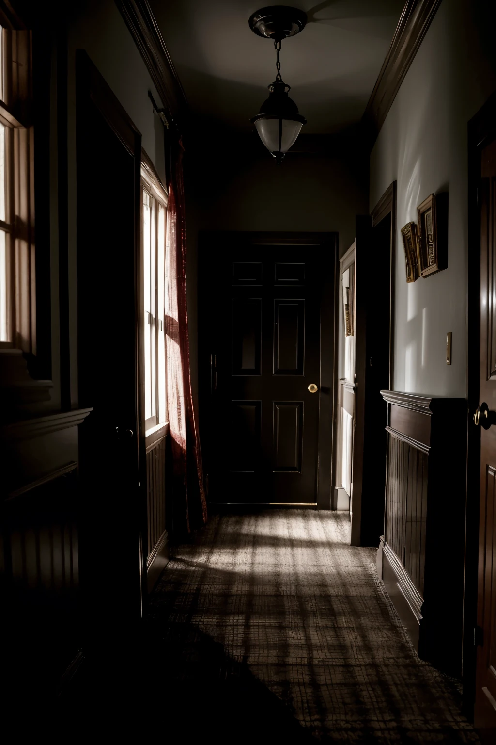 the interior of an ordinary house in the United States, a scene from a horror movie, a macabre and dark atmosphere at night