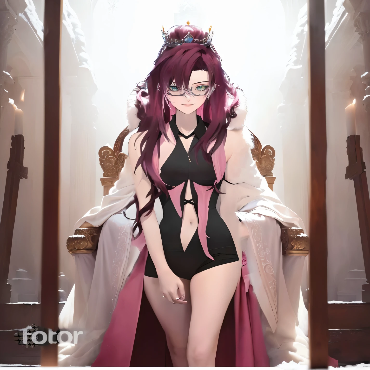 (Queen, crown), style is cold and noble, with an overall cold and noble style. The scene mainly depicts the Empress wearing a crown on a snowy wasteland. In the center of the picture is an Empress wearing a crown, sitting on a huge ice carved throne surrounded by a snowy wasteland surrounded by mist. The sunlight shines through the mist on the Empress, creating a sacred and aloof atmosphere. Her white mink fur robe shines brightly in the sunlight, highlighting the contrast between light and shadow in the composition, showcasing her noble status. In the middle of the shot, the sun shines on her body, (Photography), award-winning, cinematic still, emotional, vignette, dynamic, vivid, (masterpiece, best quality, Professional, perfect composition, very aesthetic, absurdres, ultra-detailed, intricate details:1.3)