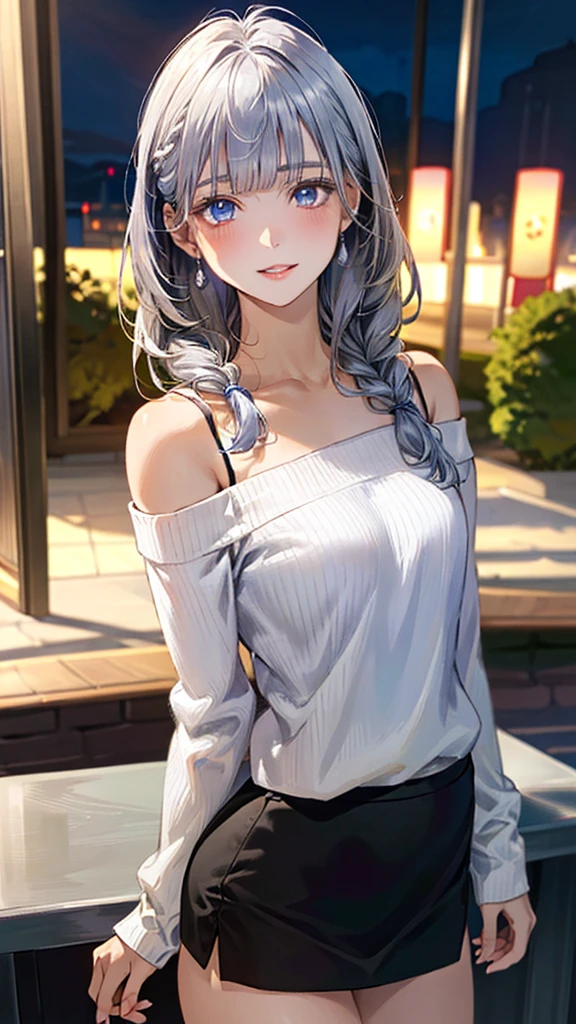 (masterpiece:1.3, top-quality, ultra high res, ultra detailed), (realistic, photorealistic:1.4), beautiful illustration, perfect lighting, natural lighting, colorful, depth of fields, surrealism,
beautiful detailed hair, beautiful detailed face, beautiful detailed eyes, beautiful clavicle, beautiful body, beautiful chest, beautiful thigh, beautiful legs, beautiful fingers, shiny skin,
looking at viewer, 1 girl, japanese, office lady, 19 years old, (perfect anatomy, anatomically correct, super detailed skin), cute and symmetrical face, babyface, perfect face, perfect eyes,
(long hair:1.8, straight hair, silver hair), blunt bangs, twin braided bangs, blue eyes, drooping eyes, long eye lasher, (medium breasts, seductive thighs), slender,
((long sleeve cold-shoulder white sweater), light purple tight skirt),
(beautiful scenery), summer, night, (cocktail bar, counter), (lovely smile, upper eyes, parted lips),