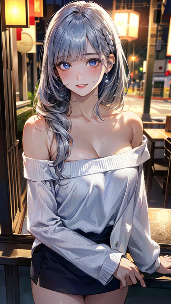 (masterpiece:1.3, top-quality, ultra high res, ultra detailed), (realistic, photorealistic:1.4), beautiful illustration, perfect lighting, natural lighting, colorful, depth of fields, surrealism,
beautiful detailed hair, beautiful detailed face, beautiful detailed eyes, beautiful clavicle, beautiful body, beautiful chest, beautiful thigh, beautiful legs, beautiful fingers, shiny skin,
looking at viewer, 1 girl, japanese, office lady, 19 years old, (perfect ???????, anatomically correct, super detailed skin), cute and symmetrical face, babyface, perfect face, perfect eyes,
(long hair:1.8, straight hair, silver hair), blunt bangs, twin braided bangs, blue eyes, drooping eyes, long eye lasher, (medium breasts, seductive thighs), slender,
((long sleeve cold-shoulder white sweater), light purple tight skirt),
(beautiful scenery), summer, night, (cocktail bar, counter, drinking cocktail), (lovely smile, upper eyes, parted lips),