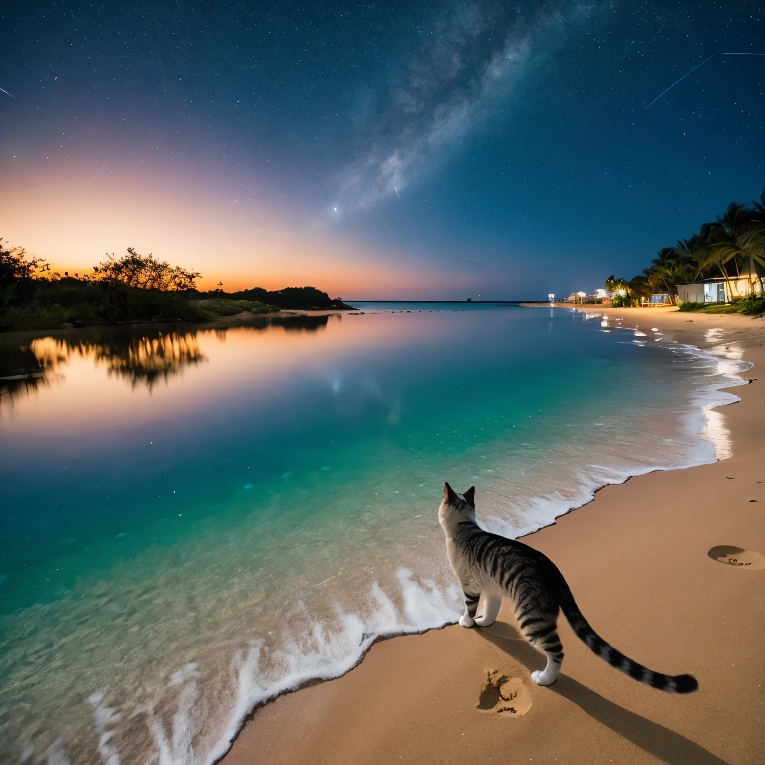 Beautiful night sky、Beautiful starry sky、Beautiful sky、clear water、Clear water、beach、Clean sandy beach、Small shells、cat footprints