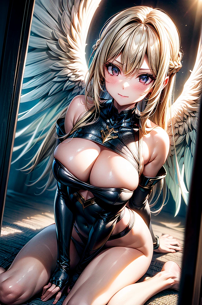 female archangel prepared for battle, an extremally beautiful warrior valkyre, ultra feminine, long hair, blond hair, braided hair, wearing golden armor, cleavage, big breasts, (angel wings: 1.2) spread, kneeling with one legon grass, warior pose, superhero landing pose, zoom out, 16k, RAW, ultra wide shot, photorealism, depth of field, hyper realistic. ray tracing