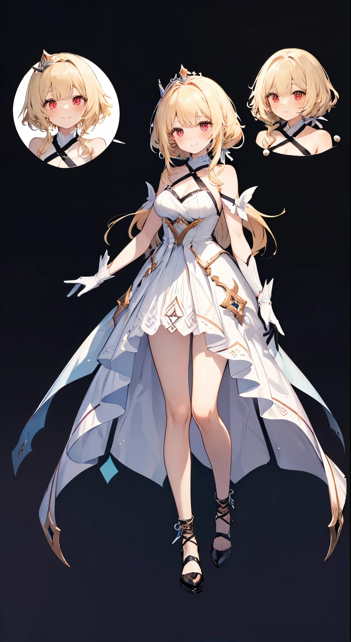 Head to Toe,whole body,Overall image, looking at viewer, upright, arms at side, concept art, A young woman with long light blonde hair is standing facing forward。, alone, Red Eyes, smile, simple background, blush, bangs, Wearing lace-up shoes,Wearing gloves,Dragon Princess, wrist set