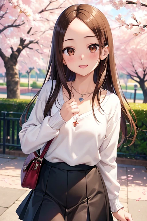 Takagi-san、Shiny brown hair, Straight Long Hair,((Medium chest、Forehead、Center part))、 Beautiful brown eyes、smile、Sparkling eyes, (fine grain)、Very fine eye、非常にDetailed face, Highly detailed eyes, Cowboy Shot、


(masterpiece:1.2, Highest quality, Ultra-high resolution, Super detailed),, 

One Girl, single, alone, Beautiful Anime Girls, Beautiful art style, Anime characters, 
((Detailed face, blush:1.2)), ((Smooth texture:0.75, Realistic texture:0.65, Realistic:1.1, Anime CG style)), 
 Dynamic Angle, Perfect body, ((throw, Selfie pose, Portraiture)), ((White sweater, Long sleeve, Black Skirt, Checked skirt, Fashionable, 1 handbag, 1 diamond necklace)), smile, Open your mouth, amusement park, ((Cherry tree, Cherry blossoms fall))