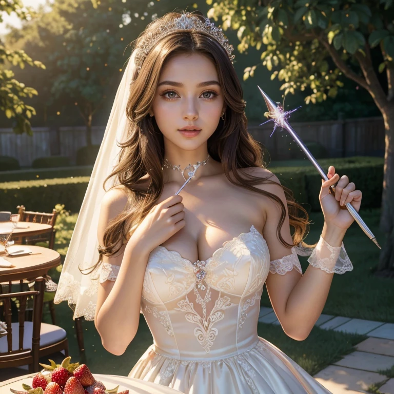 (masterpiece, best quality:1.5), highest quality, High resolution, super detailed, Realists, Upper body photo of a brunette young magical girl, detailed and beautiful eyes, beautiful detailed lips, very detailed eyes and face, longeyelashes, white satin wedding dress, Holding a magic wand in your hand, Cast a transformation spell, With her magic wand she turns stones into strawberries, Glowing wands available,Beautiful and colorful makeup, elegant and noble々The jewelry bag, Gardens as background, soft daylight, bright colors, fine brushstrokes, Portrait style, Silk dress fabric, beautiful color palette, glowing skin, First-class rendering, that captures every detail, enchanting atmosphere, subtle shadows and lights, (perfect anatomy:1.2), (The stunning magical girl in a wedding dress turns stones into strawberries. Beautiful big cake on a table (a transformation with the magic wand:1.4), (magnificent panorama view:1.2)
