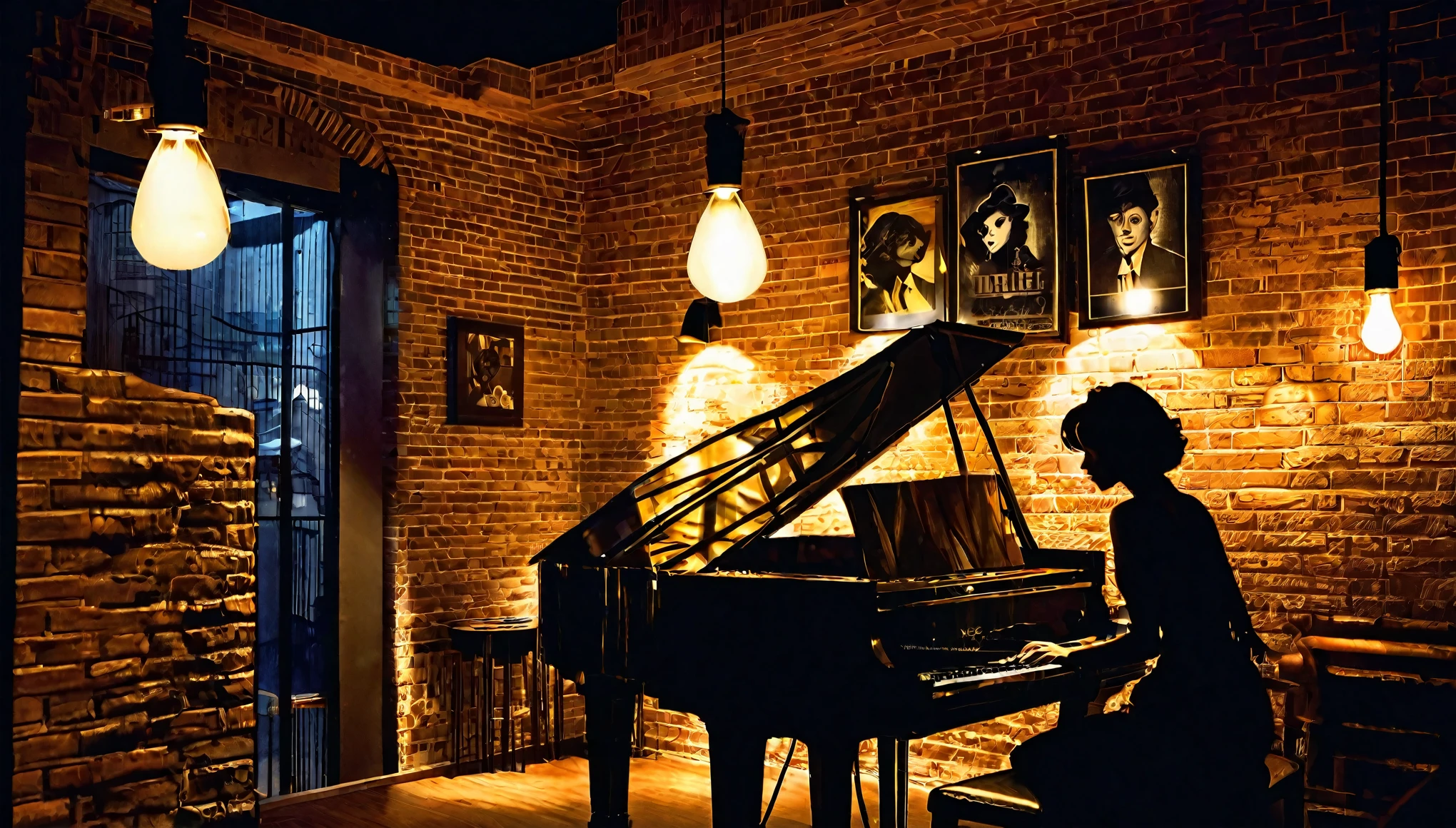 Interior of a very smoky vintage Parisian jazz club at night, The soft light of the pendant light、Man playing acoustic guitar,Woman playing piano。, Brick wall decorated with rhythmic shadow playing, A tranquil and enchanting atmosphere, 3D Rendering, To create a realistic yet fantastical scene、Diner scene with detailed textures and lighting, film noir jazz bar, drawn in a neo - noir style, neo - noir style, Neo-Noir Setting, neo noir style, inspired by f.. scott hess, Thomas Dalziel, film noir realistic, inspired by f. scott hess CFGスケール