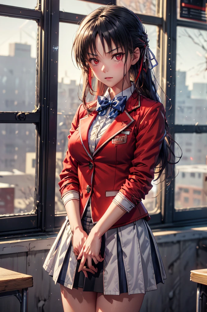 Suzune Horikita, suzune horikita, Long Hair, Black Hair, (Red eyes:1.3), Hair Ribbon, Braiding,
break bow, , Jacket, bow tie, blue bow tie, blazer, (red blazer:1.5), skirt, white skirt,
break indoors, classroom,
break looking at viewer, (Cowboy Shot:1.5),
break (masterpiece:1.2), Highest quality, High resolution, unity 8k wallpaper, (figure:0.8), (Beautiful attention to detail:1.6), Highly detailed face, Perfect lighting, Highly detailed CG, (Perfect hands, Perfect Anatomy), bokeh photography, (soft focus):1.2, out-of-focus highlights, dreamy ambiance, glowing circles, mesmerizing depth