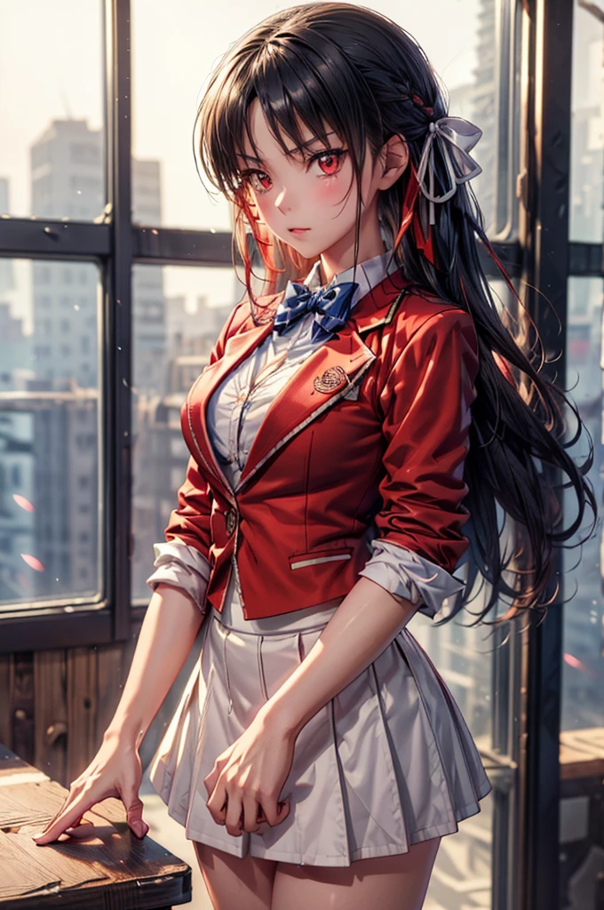 Suzune Horikita, suzune horikita, Long Hair, Black Hair, (Red eyes:1.3), Hair Ribbon, Braiding,
break bow, , Jacket, bow tie, blue bow tie, blazer, (red blazer:1.5), skirt, white skirt,
break indoors, classroom,
break looking at viewer, (Cowboy Shot:1.5),
break (masterpiece:1.2), Highest quality, High resolution, unity 8k wallpaper, (figure:0.8), (Beautiful attention to detail:1.6), Highly detailed face, Perfect lighting, Highly detailed CG, (Perfect hands, Perfect Anatomy), bokeh photography, (soft focus):1.2, out-of-focus highlights, dreamy ambiance, glowing circles, mesmerizing depth