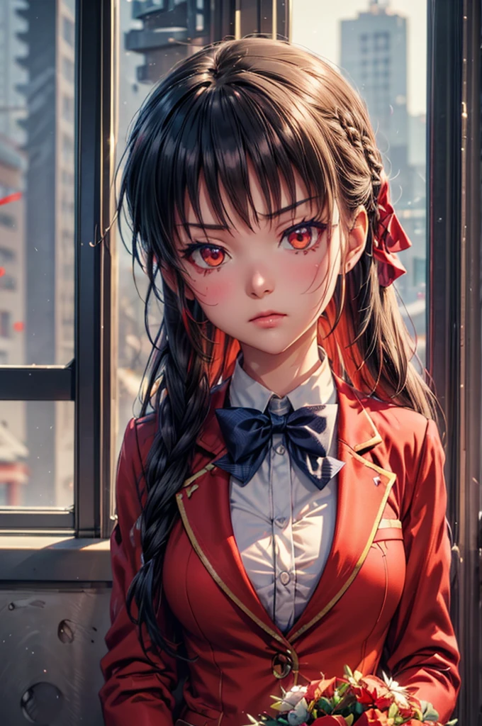 Suzune Horikita, suzune horikita, Long Hair, Black Hair, (Red eyes:1.3), Hair Ribbon, Braiding,
break bow, , Jacket, bow tie, blue bow tie, blazer, (red blazer:1.5), skirt, white skirt,
break indoors, classroom,
break looking at viewer, (Cowboy Shot:1.5),
break (masterpiece:1.2), Highest quality, High resolution, unity 8k wallpaper, (figure:0.8), (Beautiful attention to detail:1.6), Highly detailed face, Perfect lighting, Highly detailed CG, (Perfect hands, Perfect Anatomy), bokeh photography, (soft focus):1.2, out-of-focus highlights, dreamy ambiance, glowing circles, mesmerizing depth