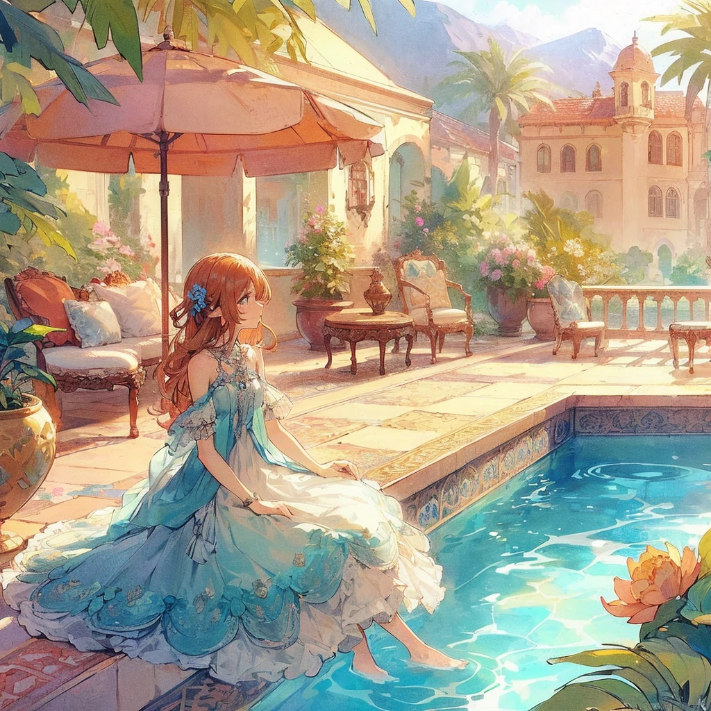 absurdres, best quality, fine detailed, 8k, 1girl, brown wave hair, blue eye, White and light blue fantasy dress, sleeveless, profile, blue flowers and ribbon decoration, necklace, poolside, elaborate carvings, orange parasol, chairs, table, cushions, plants, Western-style house