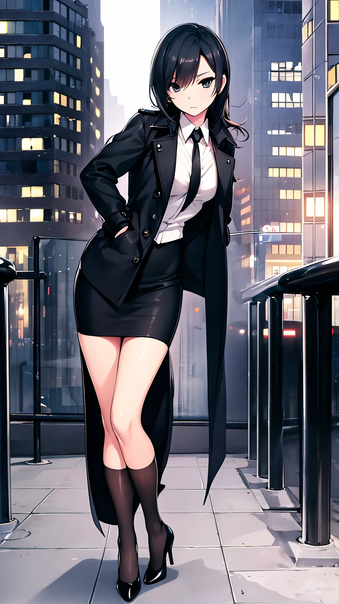 noir style of a woman in a fitted trench coat with a pencil skirt and stiletto heels, with a smoky jazz club in the background