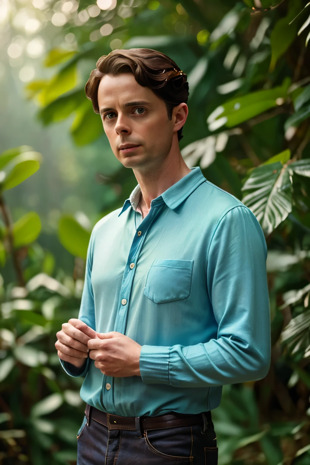 Ipswich, 2024. A young ((((37-year-old)) Matthew Goode)), in an enchanted magical forest, ((((casual clothings from the 2020s)))), ((hairstyle of the 2020s))