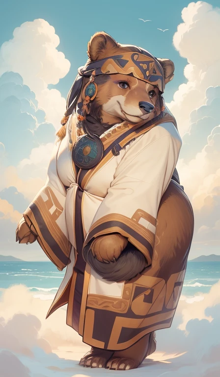 mammal, brown bear mother，strong，Feminine characteristics，Detailed character details，whole body，National style totem，ethnic jewelry，, fine fur，Ainu women in traditional clothing，Fair深藍色服飾，Dark blue headscarf， masterpiece, best quality, Digital art, (actual:0.3), cartoon, Detailed route, High resolution, visually stunning (detailed lighting, Depth of Field:0.9), detailed color, Bright colors create perfect hands, Detailed hands (Fair, Cute, Fluffy:1.2), detailed body, Perfect breasts, 1 girl, , Smile full of love，HokkaidoNatural background，horizon landscape, National costume, national totem，清澈的Sky空, movie lighting, Sky, sunny Sky,，grassland， horizon background(Natural background:1.1,Hokkaido:0.9), (Soft natural light:1.1), (Detailed facial features:1.1,expressive eyes:1.2), (calm and serene expression:1.1), (Flowing and layered clothing:1.1), (Gorgeous and intricate accessories:1.1), Fine hairs, exquisite eyes,