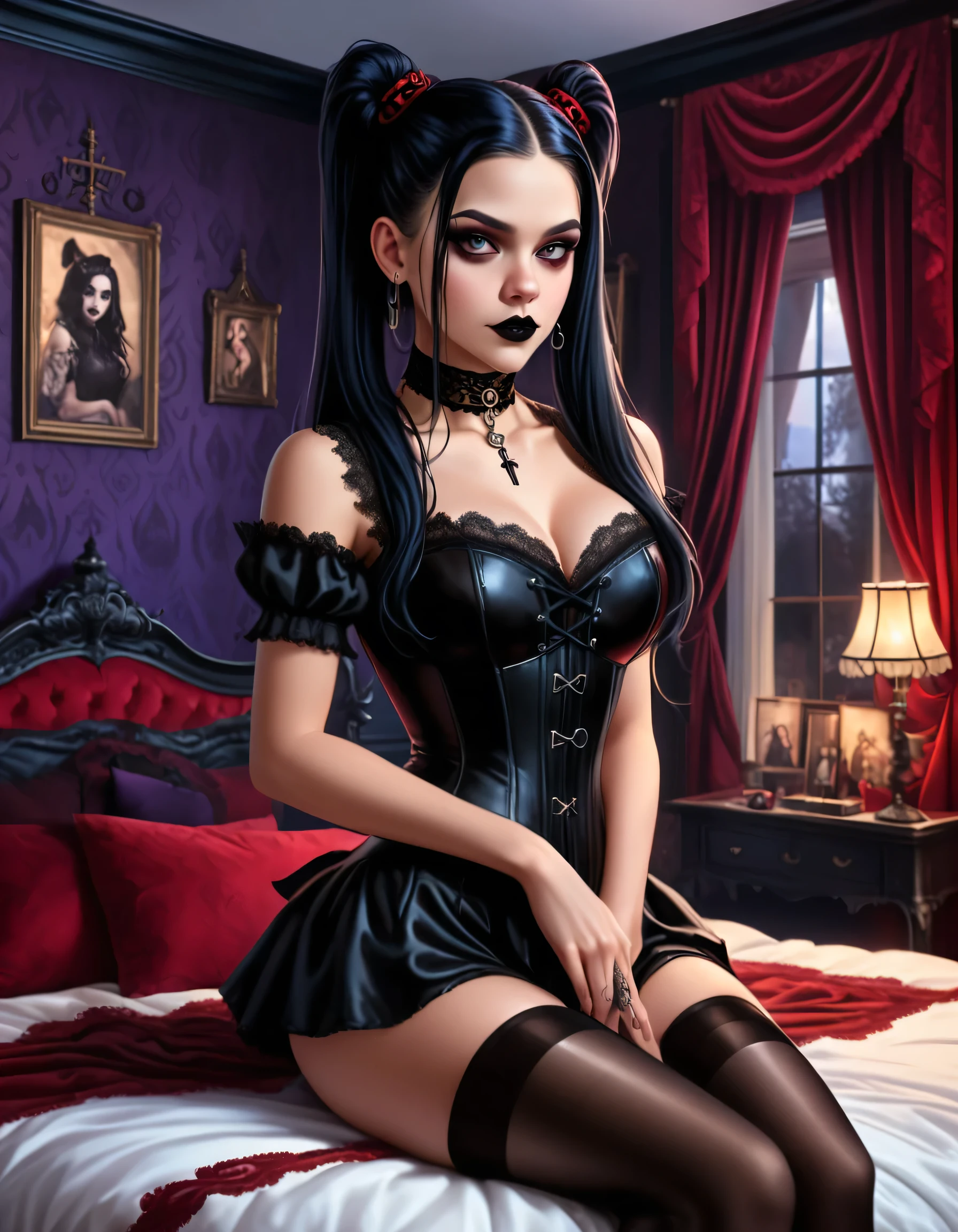 A young woman with long black hair styled in two braids and wears minimal makeup with dark eyeliner, black lipstick, sexy goth, Wednesday Addams (Jenna Ortega). The setting is a old Victorian bedroom with McCabe ornate decorations with a (Duotone {red and black]) silk bedspread. Painting on the wall of famous monsters taking a family photo. She is wearing black ornate fabric choker, black corset, black short feathered dress with black stockings. A peculiar, lifelike severed hand is placed on the bed next to her, adding an element of mystery. The lighting is eerie, coming from an unseen source, creating a since of mystery and intriguing atmosphere. Hyper realistic photo, vibrant colors, 16k.